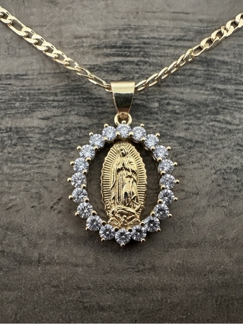 Gold Virgin Mary Pendant Necklace with Clear Stones